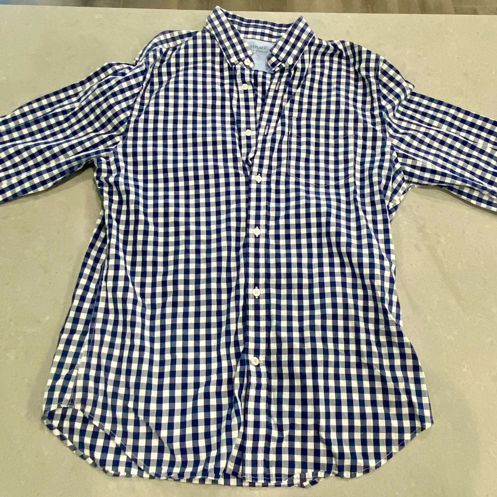 Banana Republic Luxe Stretch Poplin Grant Slim Fit Navy Blue and White Checkered